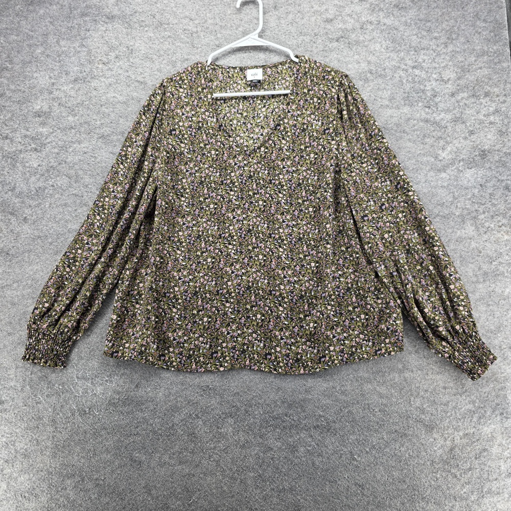 Cabi Blouse Womens Large Black Purple Green Floral Long Sleeve V Neck Top 4161